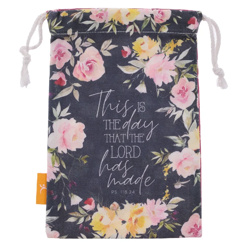 Miniature shopping and gift bags made of satin for small trinkets and jewelryThis Is The Day Small Cotton Drawstring Bag - Psalm 118:24 Miniature shopping and gift bags made of satin for small trinkets and jewelryThis Is The Day Small Cotton Drawstring Bag - Psalm 118:24