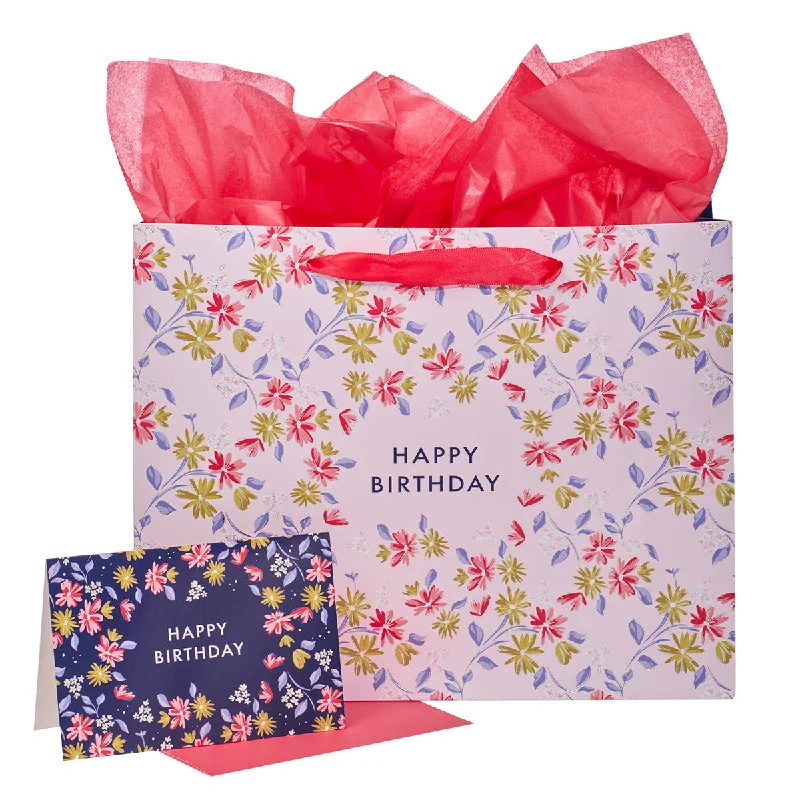 Transparent PVC shopping and gift bags with a decorative ribbon for visibility of contentsGreen And Pink Flower Design Happy Birthday Large Landscape Gift Bag With Card Transparent PVC shopping and gift bags with a decorative ribbon for visibility of contentsGreen And Pink Flower Design Happy Birthday Large Landscape Gift Bag With Card