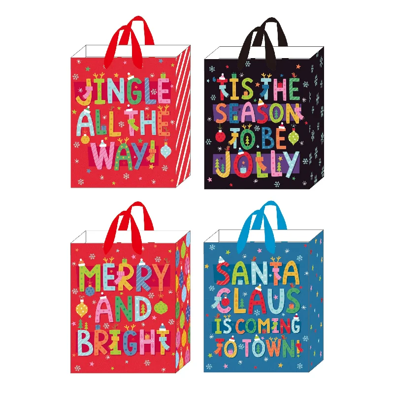 Waterproof nylon shopping and gift bags for outdoor gifts3Pk Large Santa'S Typography Printed Bag, 4 Designs Waterproof nylon shopping and gift bags for outdoor gifts3Pk Large Santa'S Typography Printed Bag, 4 Designs