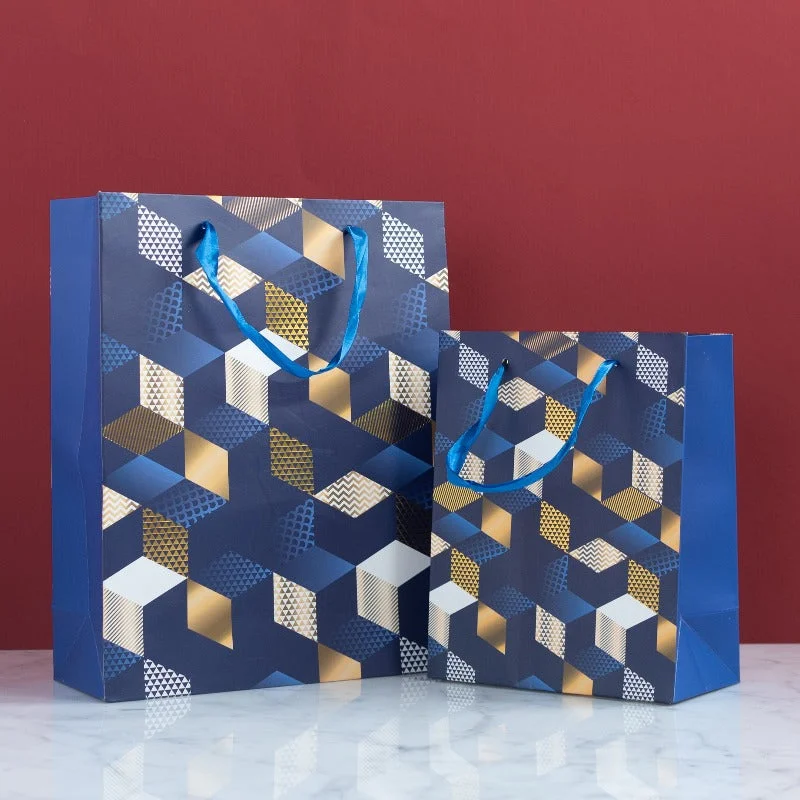 Vintage - style fabric shopping and gift bags with lace trim for a romantic touchBlue Cubes Gift Bag (Set of 4)