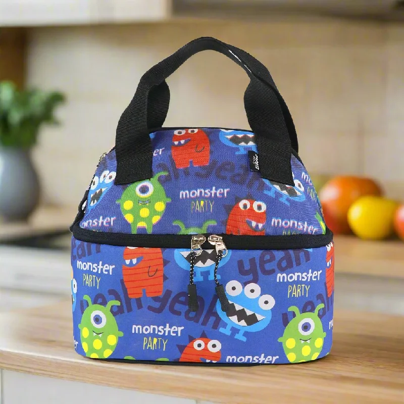 Designer lunch bags with a high - end brand logo for luxury usersSmily Kiddos Double Decker Lunch Bag Monster Theme - Blue LxWxH :25.5 X 17 X 20 CM Designer lunch bags with a high - end brand logo for luxury usersSmily Kiddos Double Decker Lunch Bag Monster Theme - Blue LxWxH :25.5 X 17 X 20 CM