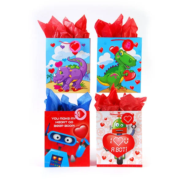 Metallic foil shopping and gift bags with holographic effects for festive occasionsLarge Dino-Robot Valentine Matte Gift Bag, 4 Designs Metallic foil shopping and gift bags with holographic effects for festive occasionsLarge Dino-Robot Valentine Matte Gift Bag, 4 Designs