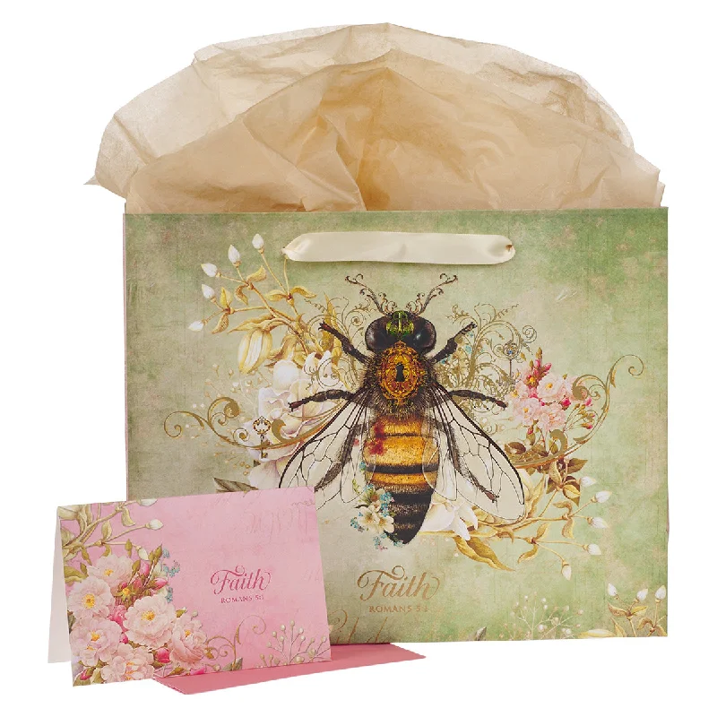 Transparent PVC shopping and gift bags with a decorative ribbon for visibility of contentsFaith, Bee With Flowers Large Landscape Gift Bag With Card - Romans 5:1 Transparent PVC shopping and gift bags with a decorative ribbon for visibility of contentsFaith, Bee With Flowers Large Landscape Gift Bag With Card - Romans 5:1