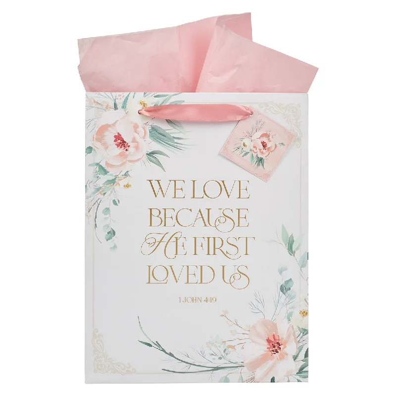Luxury leather shopping and gift bags with gold - plated hardware for high - end presentsWe Love Because He First Loved Us Large Portrait Gift Bag with Gift Tag Luxury leather shopping and gift bags with gold - plated hardware for high - end presentsWe Love Because He First Loved Us Large Portrait Gift Bag with Gift Tag