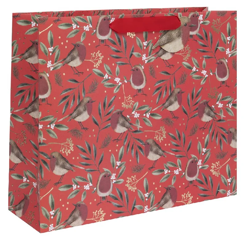 Leatherette shopping and gift bags with a zipper closure for securityChristmas Gift Bag - Shopper Landscape Red Robins
