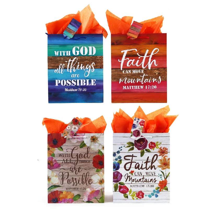 Colorful paper shopping and gift bags with intricate embossed patterns for party favorsLarge Faith For You Printed Bag, 4 Designs Colorful paper shopping and gift bags with intricate embossed patterns for party favorsLarge Faith For You Printed Bag, 4 Designs