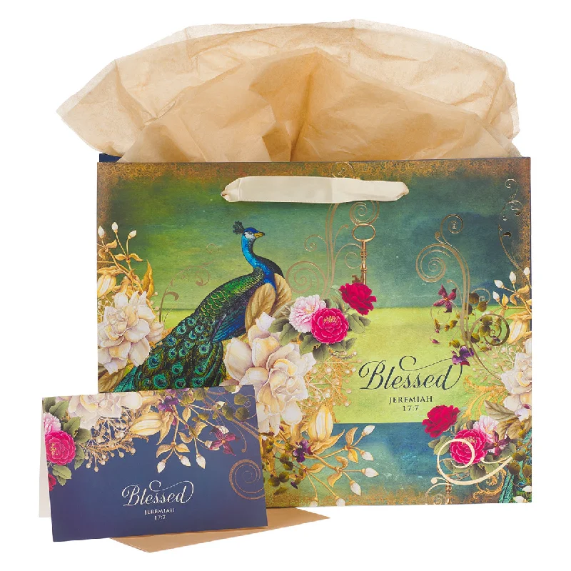 Reusable canvas shopping and gift bags with custom - printed logos for corporate giftsBlessed Peacock Large Landscape Gift Bag With Card - Jeremiah 17:7 Reusable canvas shopping and gift bags with custom - printed logos for corporate giftsBlessed Peacock Large Landscape Gift Bag With Card - Jeremiah 17:7