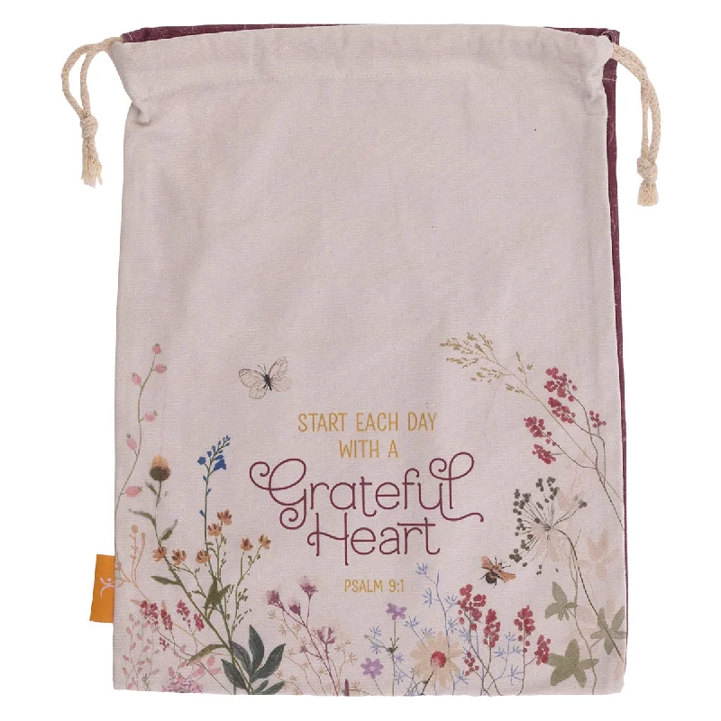 Metallic foil shopping and gift bags with holographic effects for festive occasionsStart Each Day With A Grateful Heart Large Cotton Drawstring Bag - Psalm 9:1 Metallic foil shopping and gift bags with holographic effects for festive occasionsStart Each Day With A Grateful Heart Large Cotton Drawstring Bag - Psalm 9:1