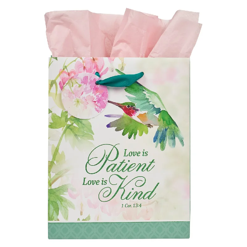 Floral - printed shopping and gift bags with a drawstring top for a feminine lookLove is Patient Love is Kind Medium Gift Bag with Gift Tag Floral - printed shopping and gift bags with a drawstring top for a feminine lookLove is Patient Love is Kind Medium Gift Bag with Gift Tag