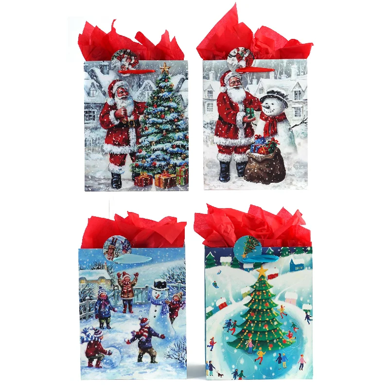 Vintage - style fabric shopping and gift bags with lace trim for a romantic touchExtra Large Snowy Christmastime Printed Bag, 4 Designs Vintage - style fabric shopping and gift bags with lace trim for a romantic touchExtra Large Snowy Christmastime Printed Bag, 4 Designs