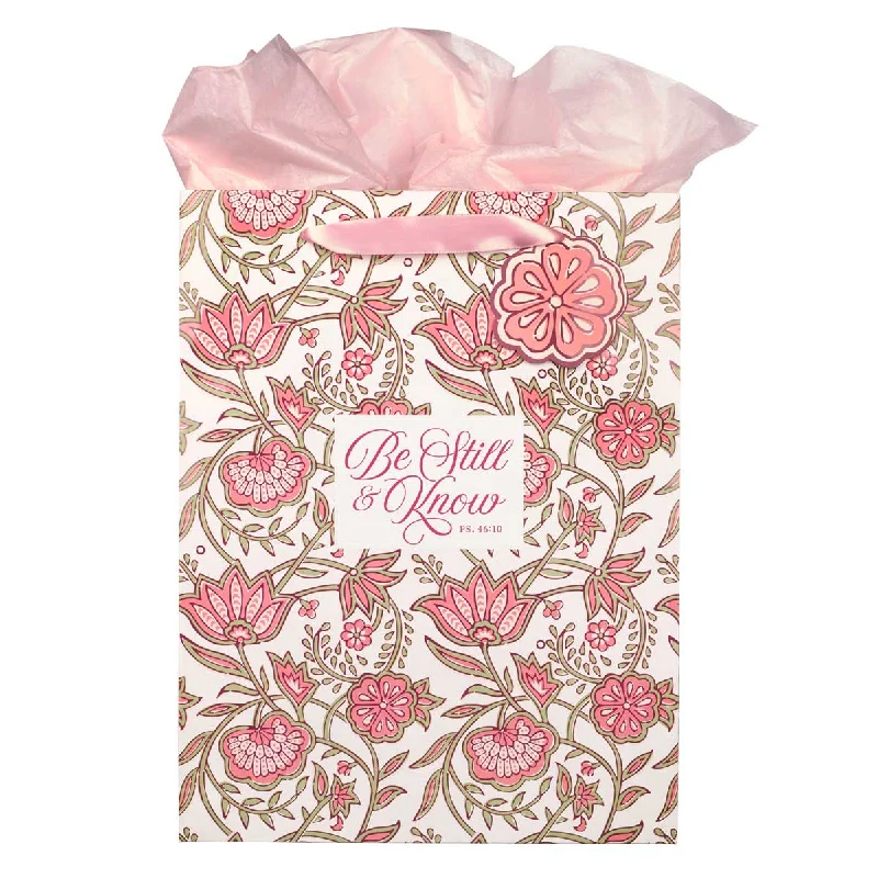 Reusable canvas shopping and gift bags with custom - printed logos for corporate giftsBe Still & Know Pink Floral Large Portrait Gift Bag with Gift Tag Reusable canvas shopping and gift bags with custom - printed logos for corporate giftsBe Still & Know Pink Floral Large Portrait Gift Bag with Gift Tag