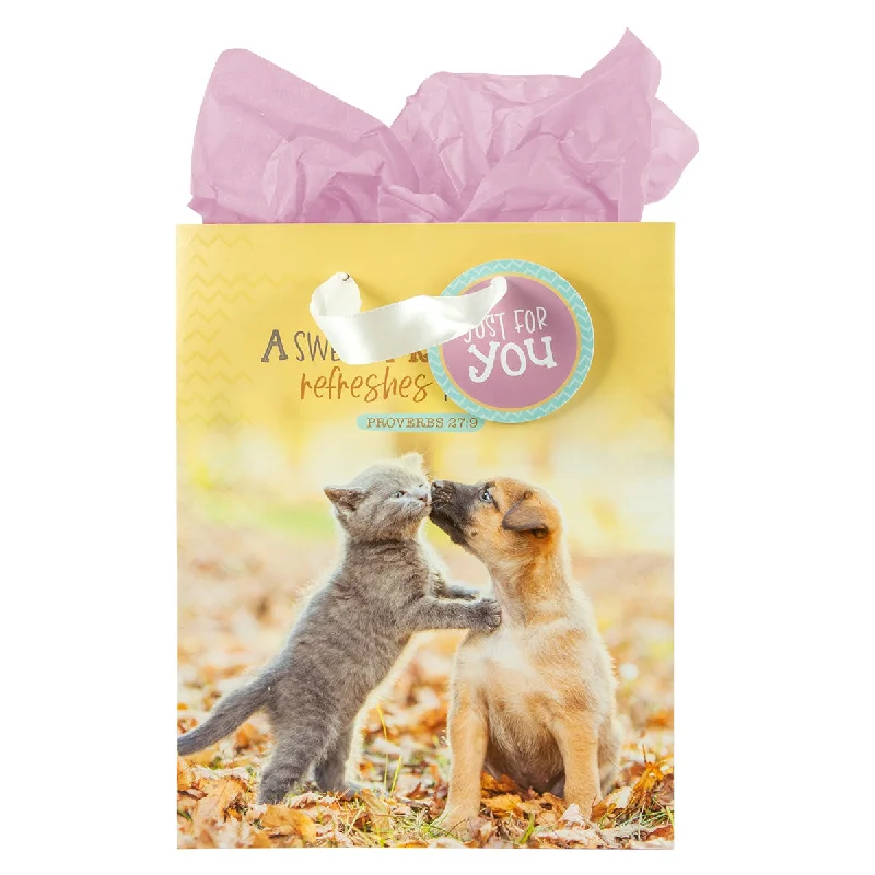Miniature shopping and gift bags made of satin for small trinkets and jewelryA Sweet Friendship Refreshes The Soul Medium Gift Bag With Gift Tag - Proverbs 27:9 Miniature shopping and gift bags made of satin for small trinkets and jewelryA Sweet Friendship Refreshes The Soul Medium Gift Bag With Gift Tag - Proverbs 27:9