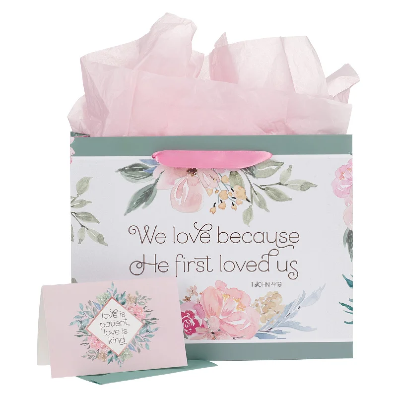 Quilted shopping and gift bags with a soft texture for delicate giftsWe Love Because He First Loved Us Large Landscape Gift Bag With Card - 1 John 4:19 Quilted shopping and gift bags with a soft texture for delicate giftsWe Love Because He First Loved Us Large Landscape Gift Bag With Card - 1 John 4:19