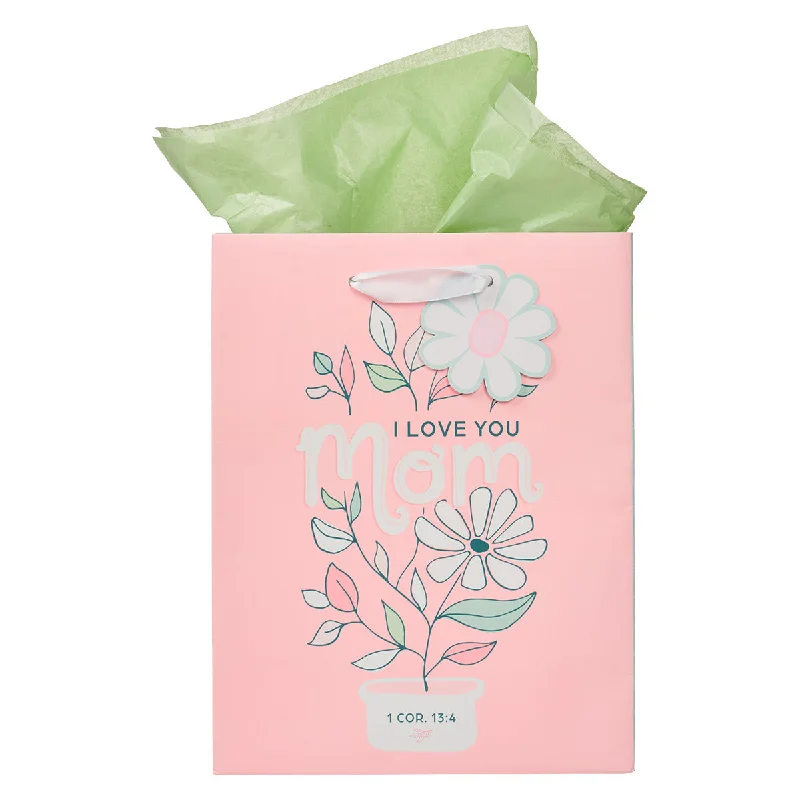 Floral - printed shopping and gift bags with a drawstring top for a feminine lookI Love You Mom Medium Gift Bag with Gift Tag Floral - printed shopping and gift bags with a drawstring top for a feminine lookI Love You Mom Medium Gift Bag with Gift Tag