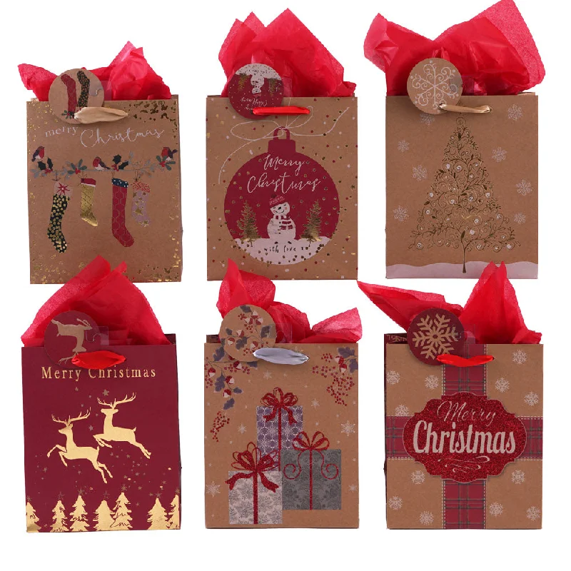 Transparent PVC shopping and gift bags with a decorative ribbon for visibility of contentsLarge Christmas Holiday Glitter Kraft Gift Bag, 6 Designs Transparent PVC shopping and gift bags with a decorative ribbon for visibility of contentsLarge Christmas Holiday Glitter Kraft Gift Bag, 6 Designs