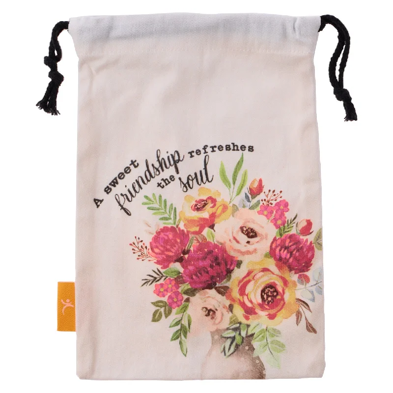Retro - inspired shopping and gift bags with a bold color palette for nostalgiaA Sweet Friendship Small Cotton Drawstring Bag - Proverbs 27:9 Retro - inspired shopping and gift bags with a bold color palette for nostalgiaA Sweet Friendship Small Cotton Drawstring Bag - Proverbs 27:9