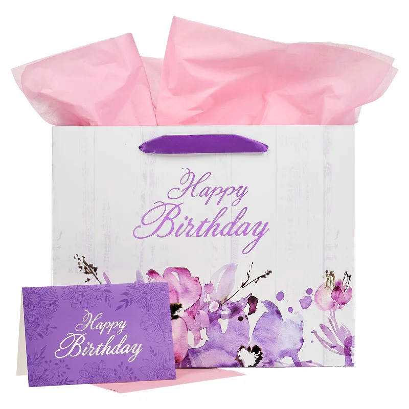 Miniature shopping and gift bags made of satin for small trinkets and jewelryPink And Purple Tones Happy Birthday Large Landscape Gift Bag With Card Miniature shopping and gift bags made of satin for small trinkets and jewelryPink And Purple Tones Happy Birthday Large Landscape Gift Bag With Card