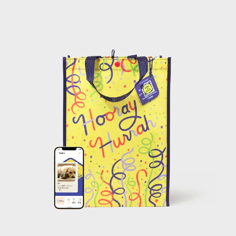 Leatherette shopping and gift bags with a zipper closure for securityHooray Hurrah | Large | Reusable Gift Bag + QR Greeting Card Leatherette shopping and gift bags with a zipper closure for securityHooray Hurrah | Large | Reusable Gift Bag + QR Greeting Card