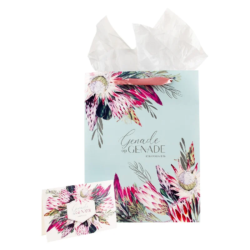 Sparkly sequined shopping and gift bags for glamorous eventsGenade Op Genade Afrikaans Large Portrait Gift Bag With Card - Johannes 1:16 Sparkly sequined shopping and gift bags for glamorous eventsGenade Op Genade Afrikaans Large Portrait Gift Bag With Card - Johannes 1:16