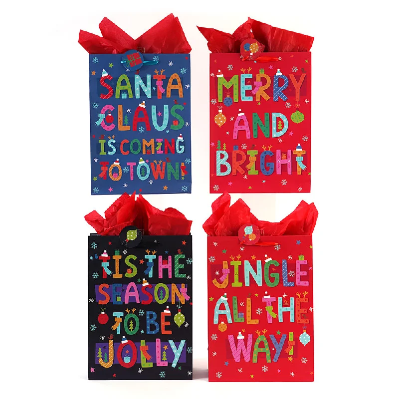 Metallic foil shopping and gift bags with holographic effects for festive occasionsExtra Large Santa'S Typography Printed Bag, 4 Designs Metallic foil shopping and gift bags with holographic effects for festive occasionsExtra Large Santa'S Typography Printed Bag, 4 Designs