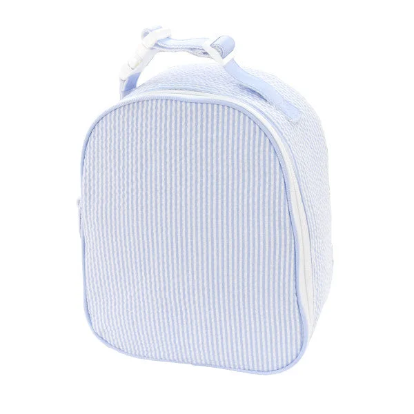 Leather lunch bags with a vintage look and brass hardware for business lunchesLight Blue Seersucker Lunchbox Leather lunch bags with a vintage look and brass hardware for business lunchesLight Blue Seersucker Lunchbox