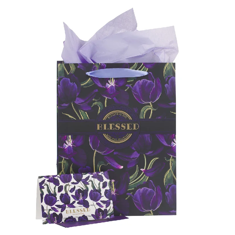 Foldable shopping and gift bags with a compact design for easy storageBlessed Purple Flower Large Portrait Gift Bag With Card - Luke 1:45 Foldable shopping and gift bags with a compact design for easy storageBlessed Purple Flower Large Portrait Gift Bag With Card - Luke 1:45