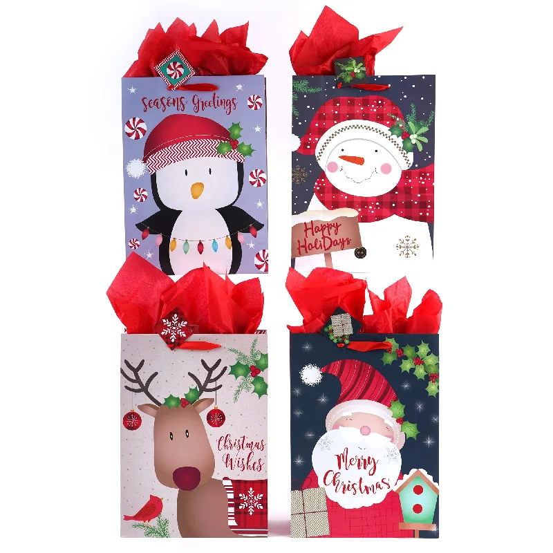 Leatherette shopping and gift bags with a zipper closure for securityExtra Large Merry Holiday Wishes Printed Bag, 4 Designs