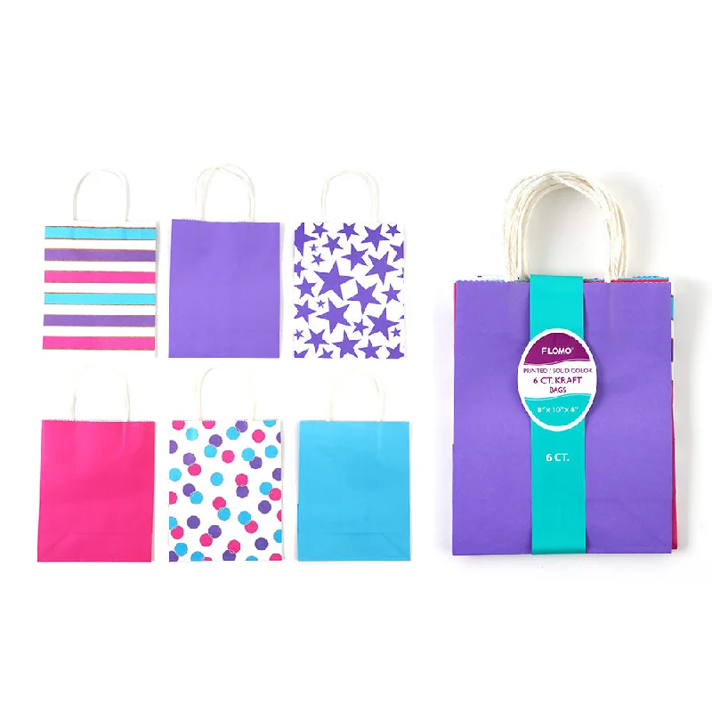 Floral - printed shopping and gift bags with a drawstring top for a feminine look6Pk Bright Color White Kraft Bag Floral - printed shopping and gift bags with a drawstring top for a feminine look6Pk Bright Color White Kraft Bag