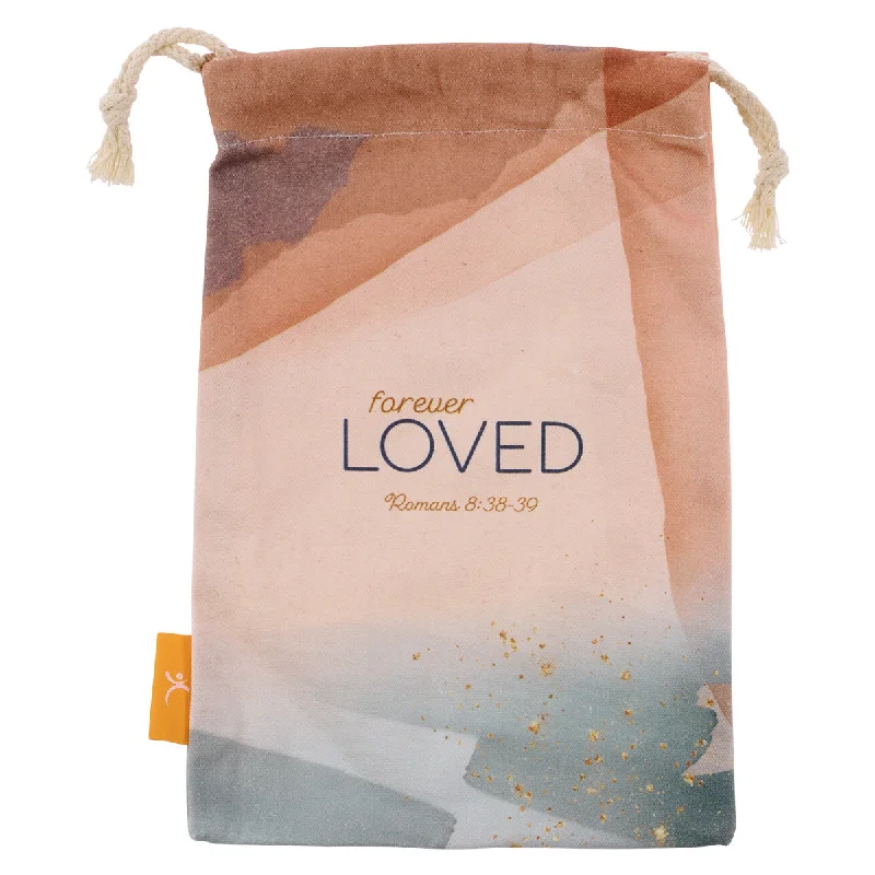 Eco - friendly bamboo shopping and gift bags for sustainable giftingForever Loved Small Cotton Drawstring Bag - Romans 8:38-39 Eco - friendly bamboo shopping and gift bags for sustainable giftingForever Loved Small Cotton Drawstring Bag - Romans 8:38-39