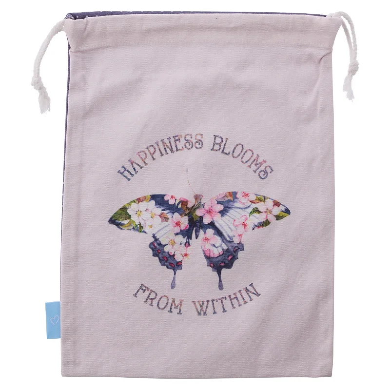 Sparkly sequined shopping and gift bags for glamorous eventsHappiness Blooms From Within Butterfly Large Cotton Drawstring Bag Sparkly sequined shopping and gift bags for glamorous eventsHappiness Blooms From Within Butterfly Large Cotton Drawstring Bag