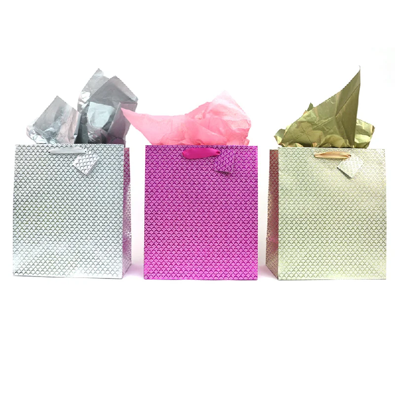 Colorful paper shopping and gift bags with intricate embossed patterns for party favorsGrande (Large) Diamond Sparkle Sparkle Scallop Bag, 3 Colors Gold/Hot Pink/Silver Colorful paper shopping and gift bags with intricate embossed patterns for party favorsGrande (Large) Diamond Sparkle Sparkle Scallop Bag, 3 Colors Gold/Hot Pink/Silver