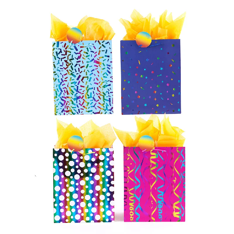 Metallic foil shopping and gift bags with holographic effects for festive occasionsLarge Geometric Party Hot Stamp Bag, 4 Designs Metallic foil shopping and gift bags with holographic effects for festive occasionsLarge Geometric Party Hot Stamp Bag, 4 Designs