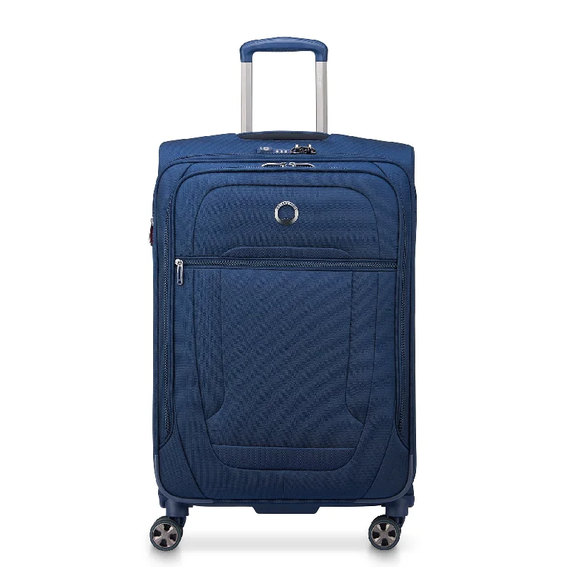Travel bag with a retractable garment rack for easy unpackingDelsey Helium DLX Medium Checked Expandable Spinner