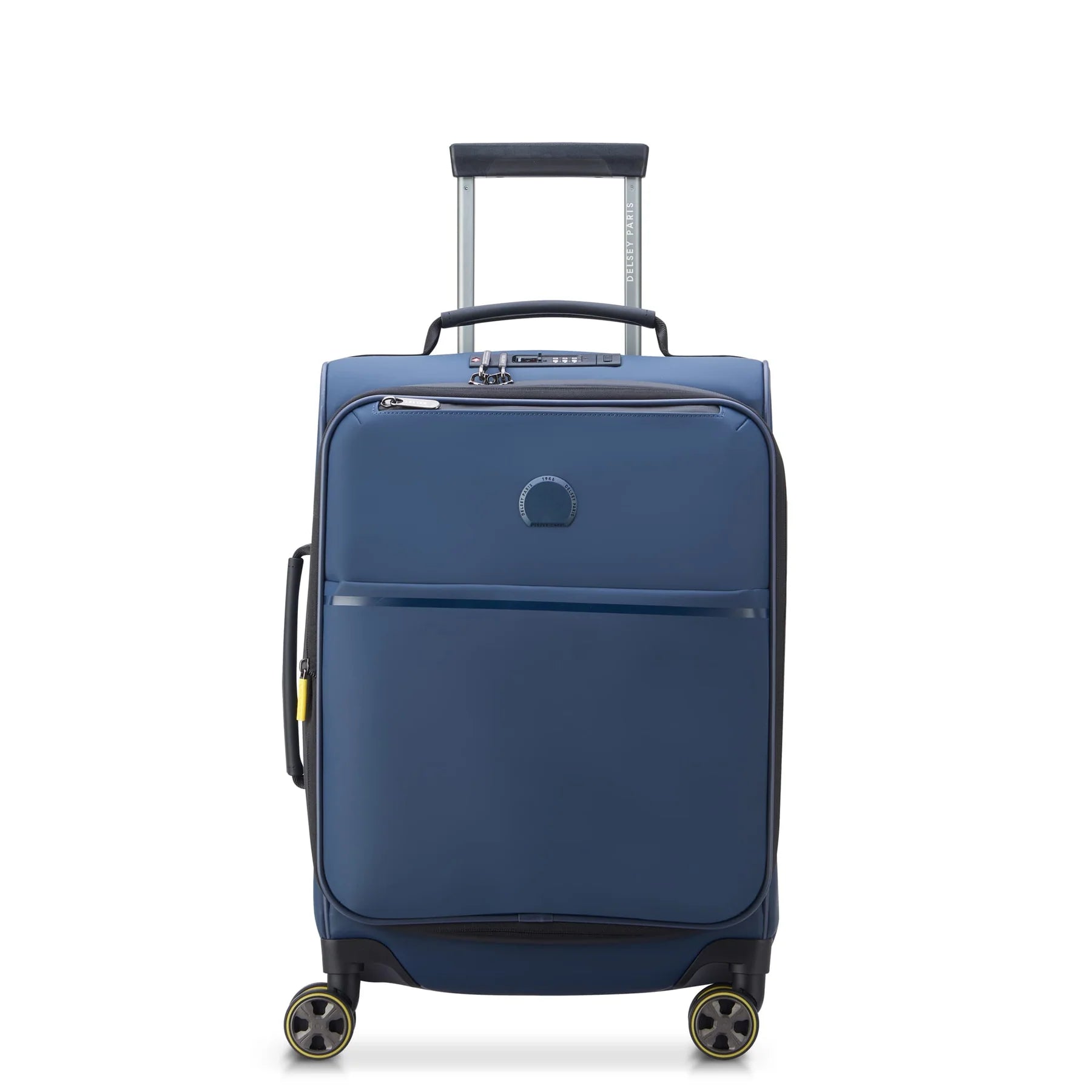 Travel bag with a retractable garment rack for easy unpackingDelsey Turenne Soft Expandable Carry-On Spinner - Navy