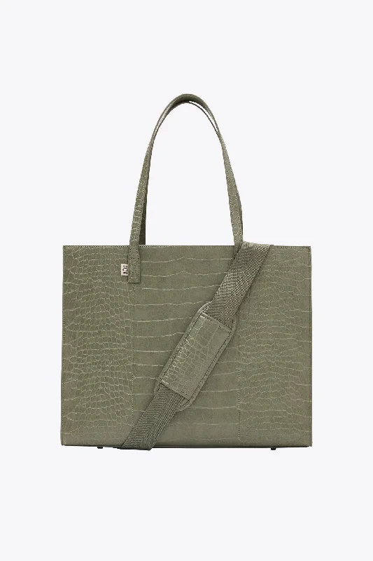 Travel bag with a detachable toiletry pouch for convenienceThe Large Work Tote in Olive Croc Travel bag with a detachable toiletry pouch for convenienceThe Large Work Tote in Olive Croc