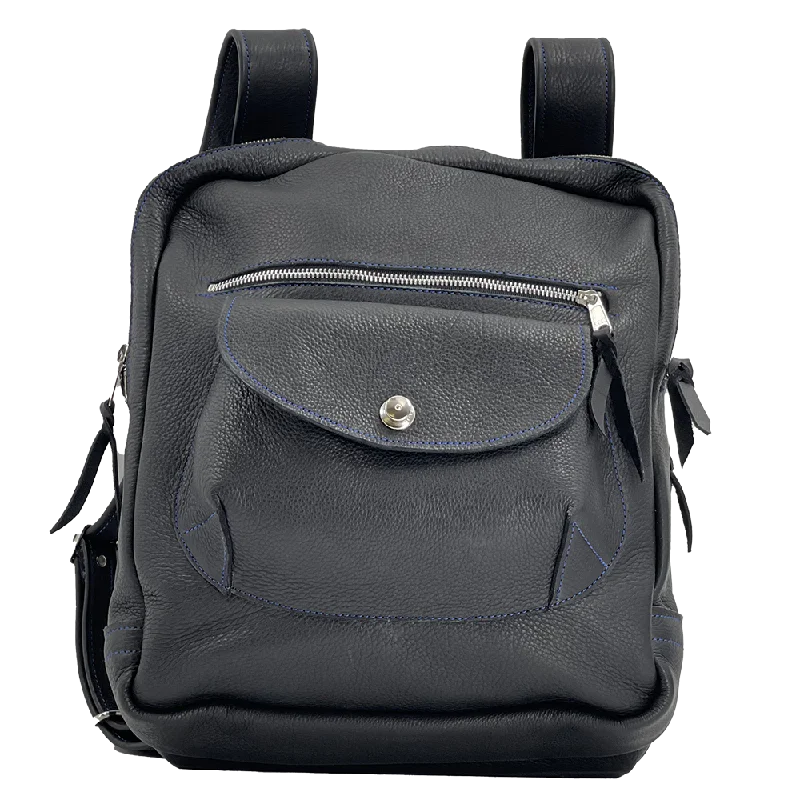 Men's hiking backpack with hydration bladder sleeve for staying hydratedBilly Sunday Black Leather w/ Blue Stitching Backpack