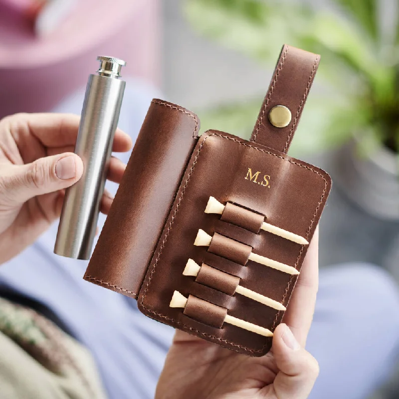 Anti - theft travel bag with RFID - blocking pockets for personal safetyLeather Golf Tee Holder and Stainless Steel Hip Flask Anti - theft travel bag with RFID - blocking pockets for personal safetyLeather Golf Tee Holder and Stainless Steel Hip Flask