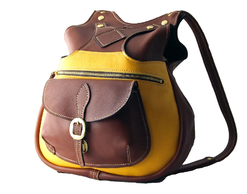 Men's military-style canvas backpack with MOLLE webbing for outdoor adventuresBilly Sunday Chestnut & Yellow Leather Backpack